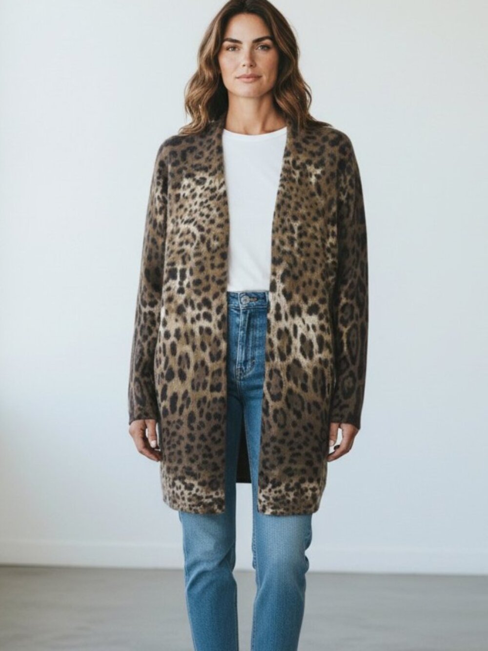 Neiman Marcus 100% Cashmere Animal Print Open Midi Cardigan Sweater